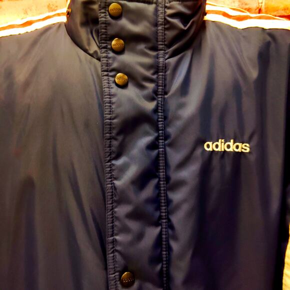 Adidas Original Soccer Parka Jacket Men's XL Navy 3 Striped Softshell Snap Front - Picture 5 of 10